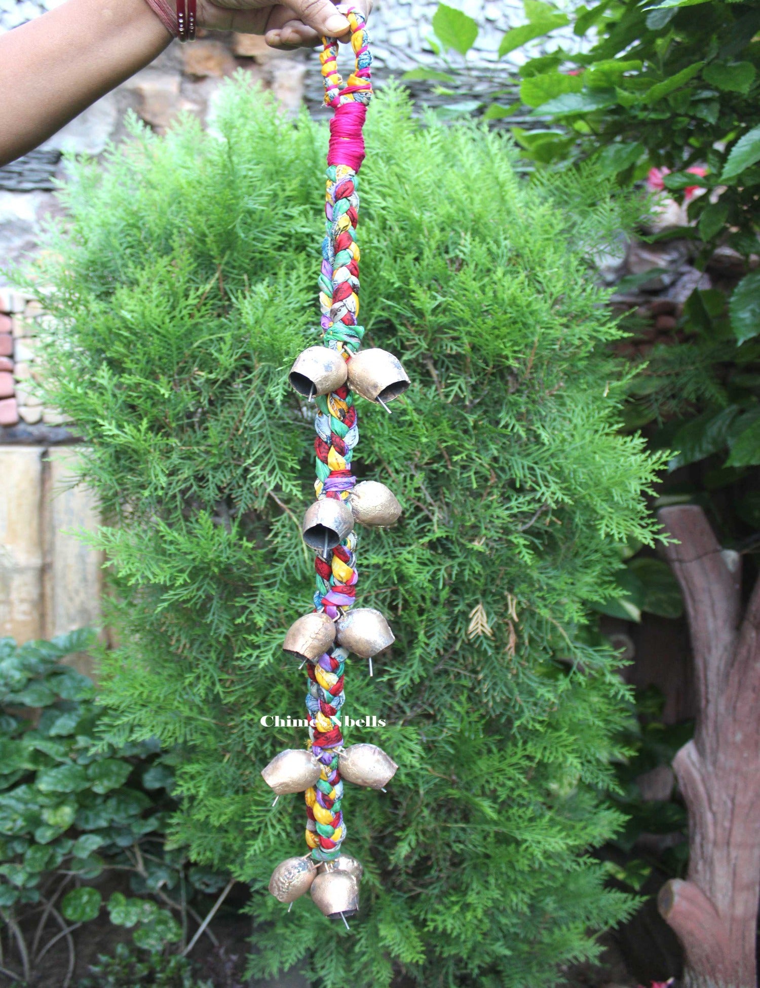 Enhance your space with our multicolor handmade chimes, featuring 11 tin bells and old silk sari. Perfect for relaxation and unique charm!